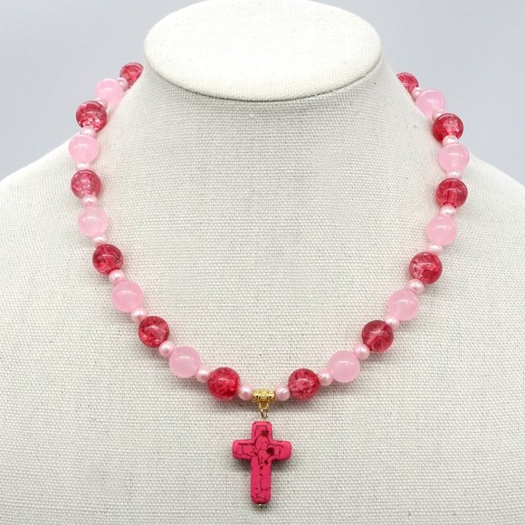 My Bead Emporium Jewelry - Necklace with rose Quartz, crackled glass beads and Pearls.Cross stone charm.